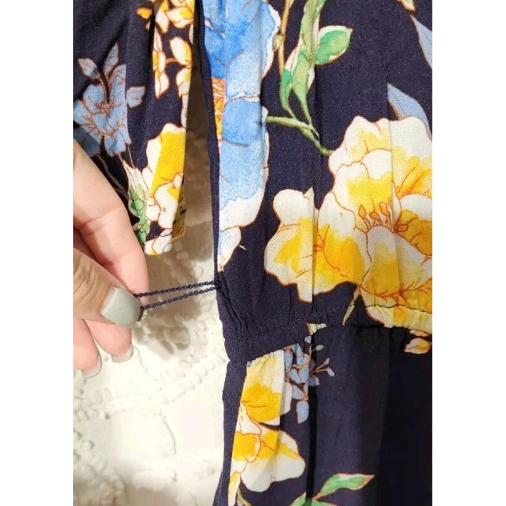 Band Of Gypsies Jumpsuit Womens M Floral Boho Navy‎ Yellow Flutter Sleeve P102 - Picture 12 of 13